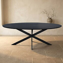 Moderne houten eettafel met zwart afgewerkt blad en unieke X-vormige poten, perfect voor een stijlvolle eetkamer of vergaderruimte.