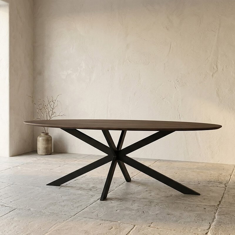 Moderne eettafel met houten blad en zwart metalen onderstel, perfect voor een eigentijdse eetkamer of woonruimte.