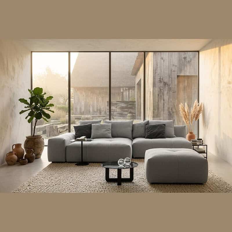 Moderne grijze loungebank in een strakke, minimalistische woonkamer met grote ramen, natuurlijke lichtinval en decoratieve planten voor een stijlvolle en comfortabele zithoek.