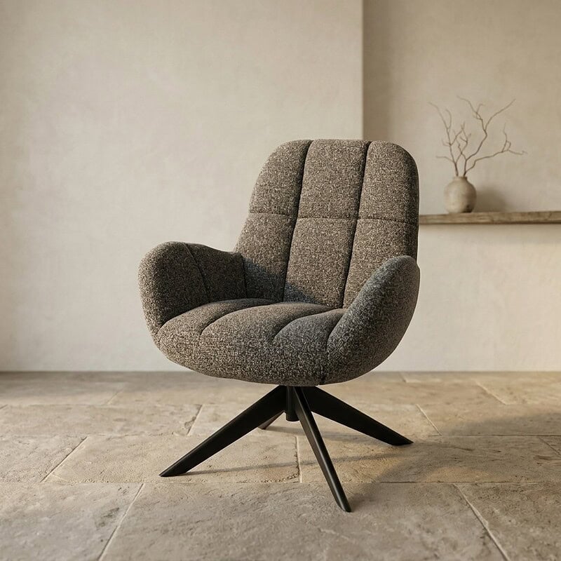 Comfortabele moderne stoffen lounge stoel met draaibaar onderstel, perfect voor een stijlvolle en gezellige zithoek.