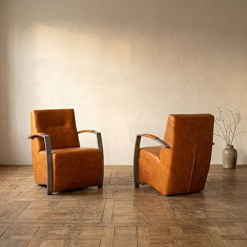 Twee vintage leren fauteuils met houten armleuningen in een minimalistische interieursetting, perfect voor een stijlvolle woonkamer of lounge.