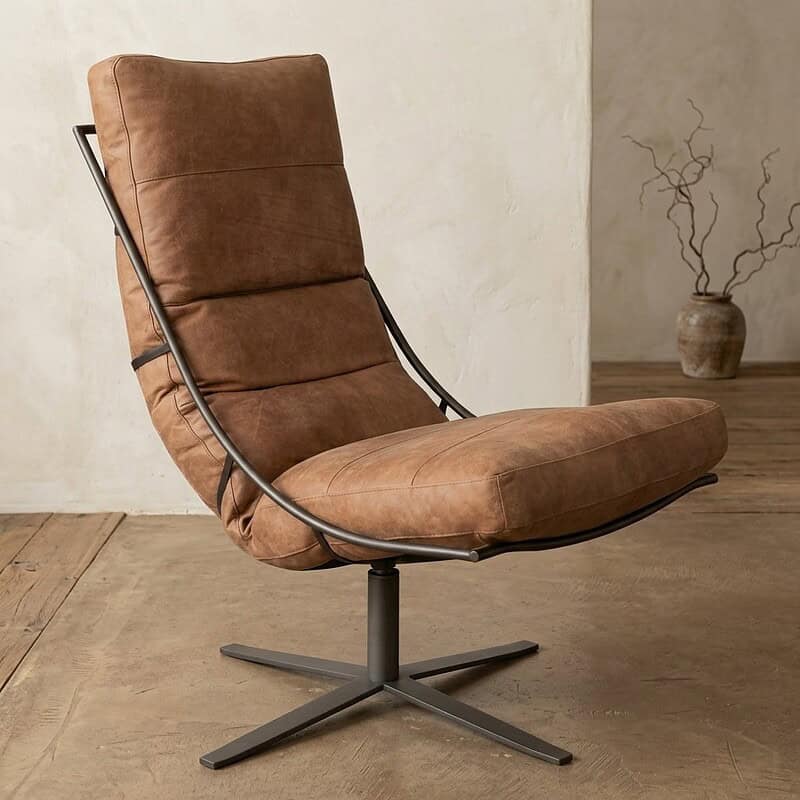 Comfortabele houten relaxfauteuil met metalen frame, perfect voor moderne woonruimtes en ontspanning. Elegant design en duurzame materialen voor een stijlvolle uitstraling.
