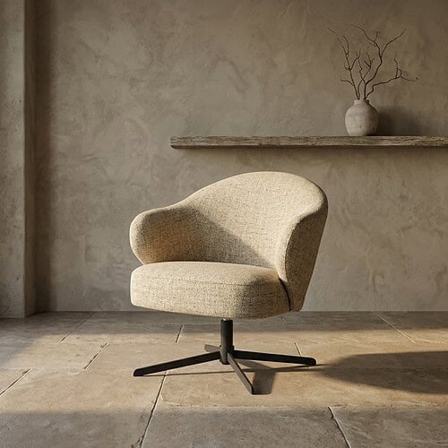 Moderner beiger Loungesessel mit bequemer Polsterung und schwarzem Gestell, platziert in einem minimalistischen Innenraum.