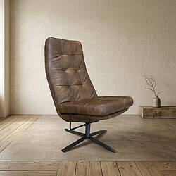 Houten relaxfauteuil met lederen bekleding Luxe leren relaxfauteuil van hout en metaal, perfect voor een moderne woonkamer, comfortabel en stijlvol design.