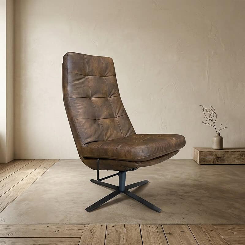 Houten relaxfauteuil met lederen bekleding Luxe leren relaxfauteuil van hout en metaal, perfect voor een moderne woonkamer, comfortabel en stijlvol design.