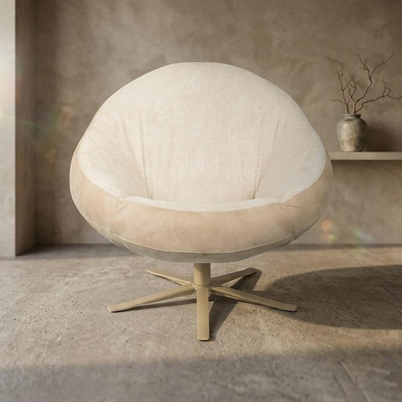 Moderner runder Sessel mit weicher Polsterung und Holzbeinen – perfekt für eine stilvolle und bequeme Sitzecke in jedem Interieur.