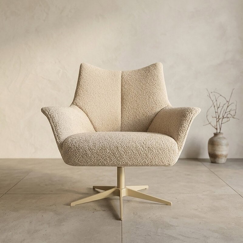 Bank fauteuil met zachte, wollige bekleding en moderne uitstraling, perfect voor een gezellige woonkamer. Gemaakt van hoogwaardige materialen voor comfort en duurzaamheid.