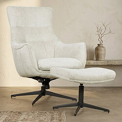 Moderne houten relaxfauteuil met voetenbank in lichte stof, perfect voor comfort en stijl in elke woonkamer.