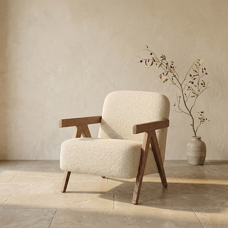 Moderne fauteuil met houten armleuningen en zachte stoffen bekleding, perfect voor een stijlvolle en comfortabele zithoek in een minimalistisch interieur.