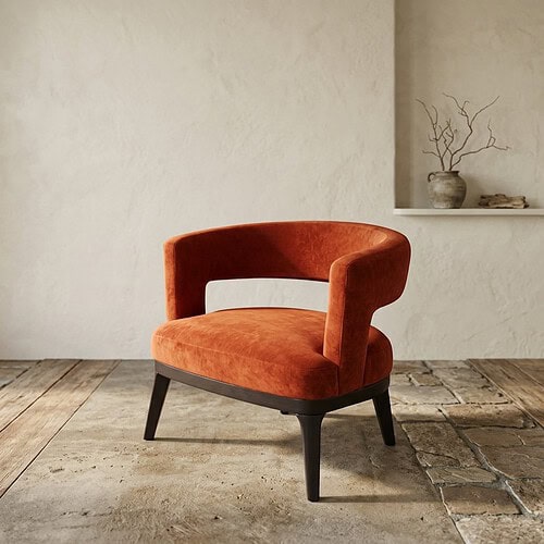 Moderne oranje fauteuil met comfortabele bekleding en zwarte houten poten, perfect voor een stijlvolle woonkamer of lounge.