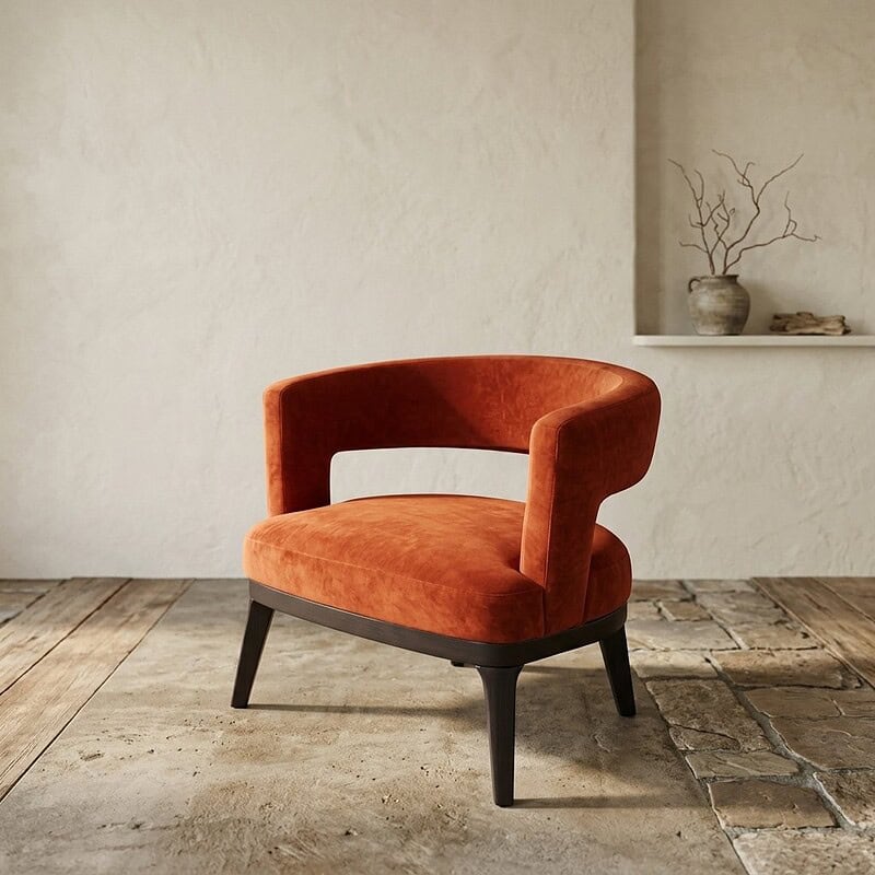Moderne oranje fauteuil met comfortabele bekleding en zwarte houten poten, perfect voor een stijlvolle woonkamer of lounge.