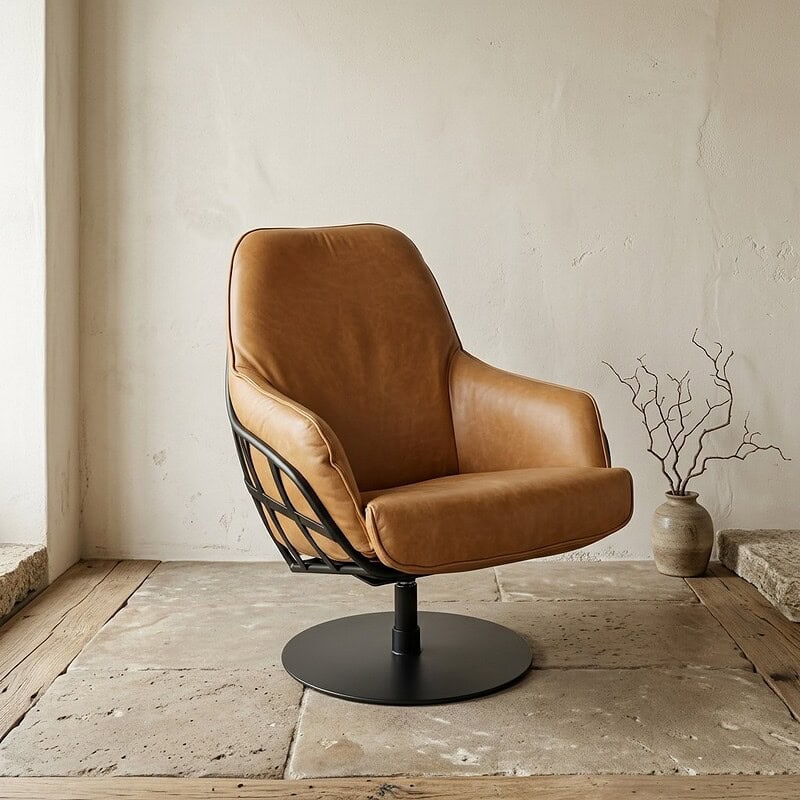 Luxuriöser Lounge-Sessel aus Leder mit schwarzem Metallgestell und drehbarem Fuß, perfekt für eine stilvolle und bequeme Sitzecke zu Hause oder im Büro.