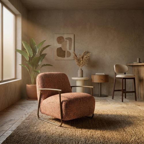 Rode fauteuil Norel van stof met gecoat metalen onderstel uit de Vive collectie