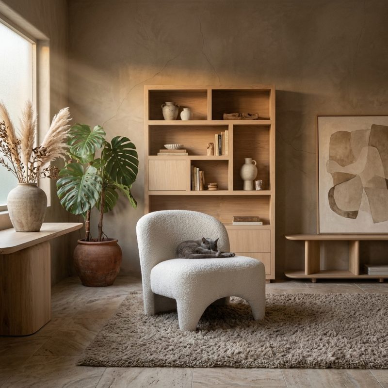 Sessel Owen aus beigem Batea-Stoff mit komfortablem Design für das Wohnzimmer