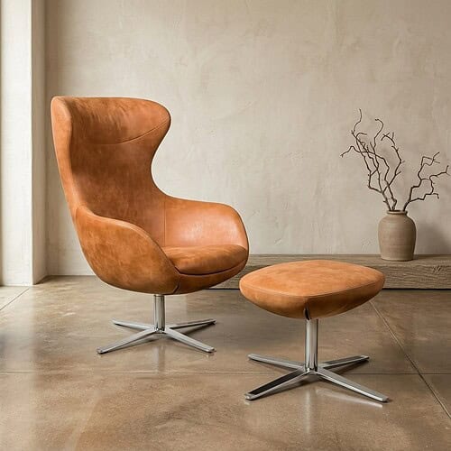 Luxuriöser Ledersessel mit passendem Hocker, perfekt für moderne Einrichtungen und zum Entspannen.