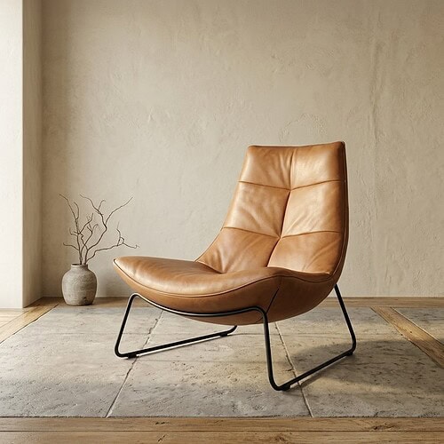 Luxe leren lounge stoel in een minimalistisch interieur, perfect voor moderne woonruimtes en comfortabele zithoeken.
