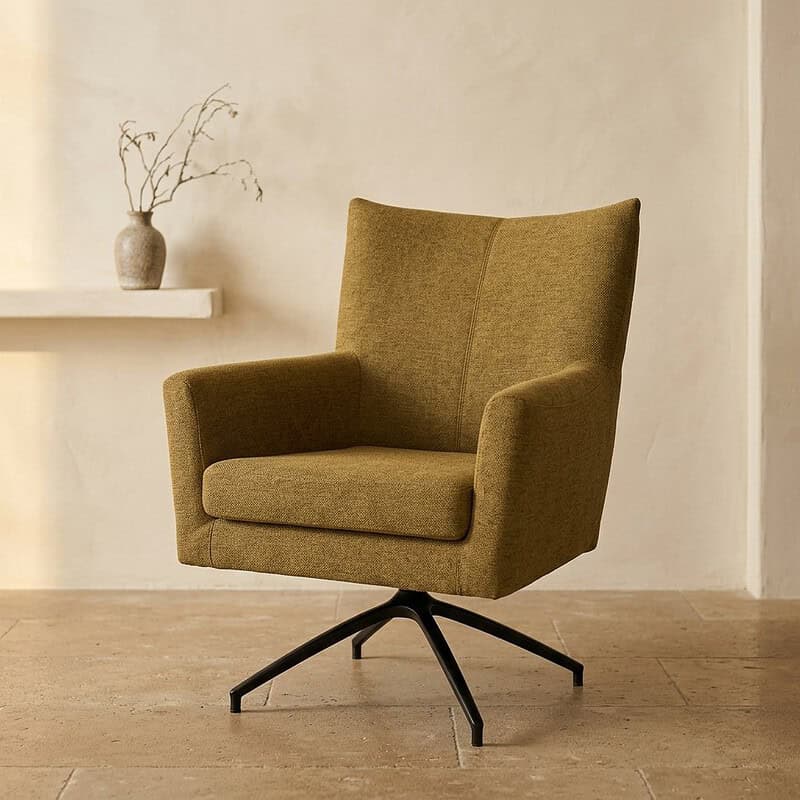 Moderne houten relaxfauteuil in groen stof, perfect voor een stijlvolle woonkamer of kantoorruimte. Comfortabel en elegant design met draaibare basis voor optimale functionaliteit.