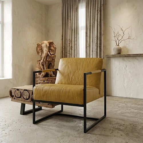 Moderne gele bank met zwart metalen frame in een minimalistische woonkamer, gecombineerd met natuurlijke decoraties en grote ramen voor een stijlvolle en gezellige sfeer.