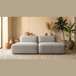 Moderne grijze bank in een minimalistische woonkamer met natuurlijke decoratie en aardetinten, perfect voor een stijlvolle en comfortabele zithoek.