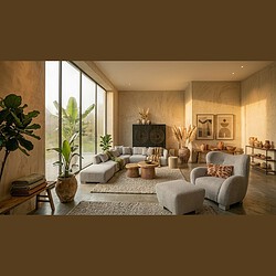 Luxe woonkamer ingericht met natuurlijke houten meubels, grote ramen en stijlvolle decoratie, perfect voor een moderne en gezellige sfeer.
