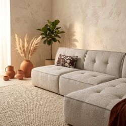 Hoekbank Flow Majestic, in beige polyester, sfeerimpressie