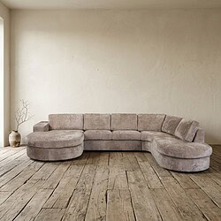 Bank met ronde chaise longue - Mokana Meubelen Luxe bank met ronde chaise longue in zachte beige stof, perfect voor moderne woonkamers. Gemaakt door Mokana Meubelen, combineert comfort en stijl voor een eigentijdse inrichting.