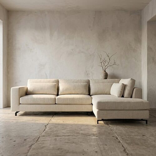 Moderne bank van Mokana Meubelen in een minimalistische woonkamer, perfect voor een stijlvolle en gezellige zithoek.