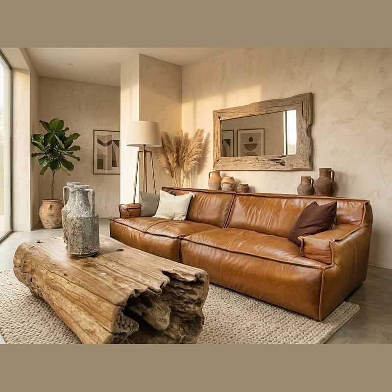 Luxe leren bank in een stijlvolle woonkamer met natuurlijke elementen, grote ramen, houten meubels en zachte verlichting voor een warme en uitnodigende sfeer.