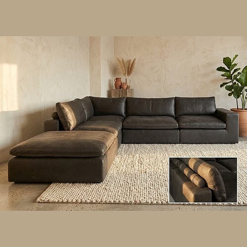 Luxe zwarte leren loungebank van Mokana meubelen, perfect voor moderne woonkamers, met comfortabele zitplaatsen en stijlvolle uitstraling.