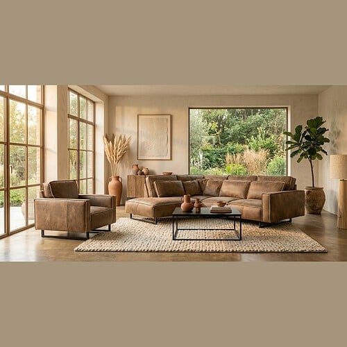 Luxe woonkamer met Mokana meubelen, comfortabele bank en fauteuils in een lichte, natuurlijke stijl, grote ramen en groene tuin zichtbaar buiten.