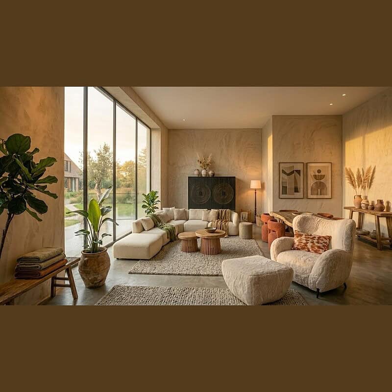 Moderne woonkamer met houten meubels, grote ramen en natuurlijke decoratie, creëert een warme en uitnodigende sfeer.
