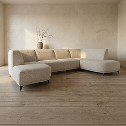 Modernes L-förmiges Sofa aus hellen Stoffen mit klaren Linien, perfekt für ein zeitgemäßes Wohnzimmer.