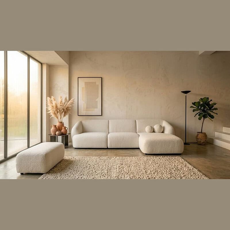 Moderne woonkamer met witte bank, poef, planten en decoratieve elementen in een lichte, minimalistische ruimte met grote ramen en natuurlijke lichtinval.