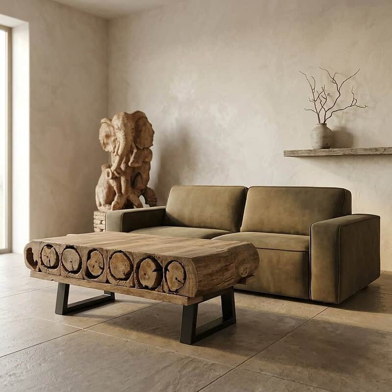 Moderner Couchtisch und Sofa aus Holz in natürlichen Farbtönen – perfekt für ein stilvolles Wohnzimmer mit minimalistischem Design und natürlichen Materialien.