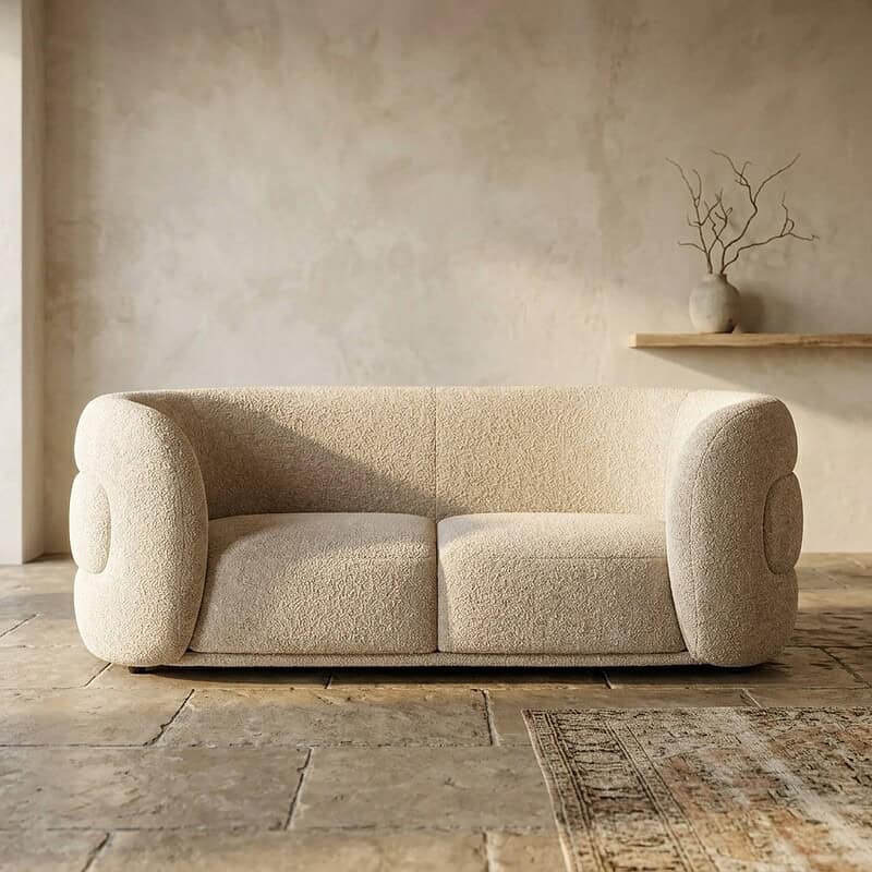 Moderne stoffen bank in neutrale kleur voor woonkamer, ontworpen door Mokana Meubelen, met comfortabele zitting en uniek design, perfect voor een stijlvolle en gezellige inrichting.