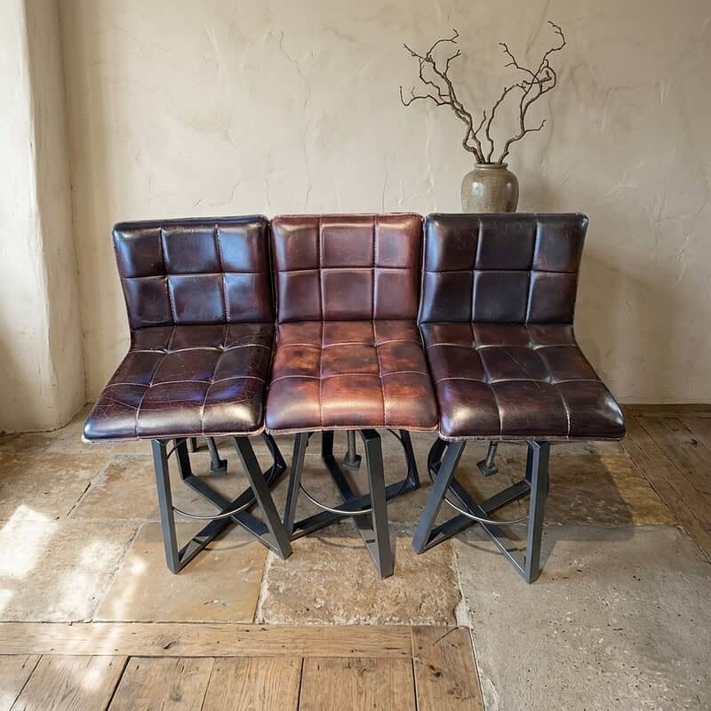 Drie leren eetkamerstoelen met metalen poten, geschikt voor moderne eetkamers, in een rustieke interieursetting.