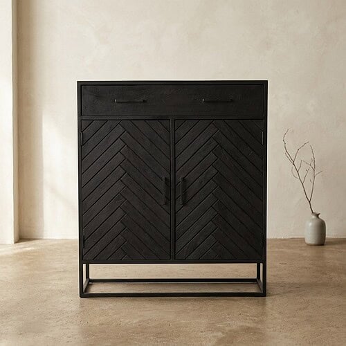Schwarzes Sideboard aus Holz mit Schublade und Doppeltüren, ein modernes Möbelstück für das Wohnzimmer oder den Flur, aus hochwertigen Materialien gefertigt, ideal für Stauraum und Stil.
