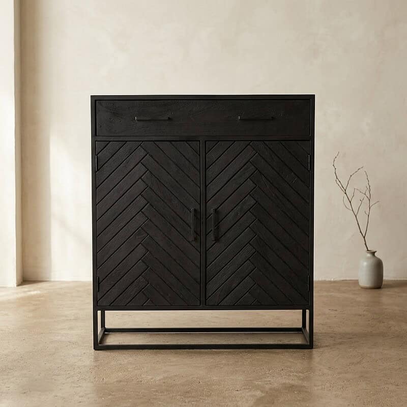 Houten zwart dressoir met lade en deuren Zwart houten dressoir met lade en dubbele deuren, modern meubelstuk voor woonkamer of hal, gemaakt van hoogwaardige materialen, perfect voor opbergruimte en stijl.