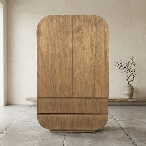 Moderne houten kast met afgeronde hoeken, minimalistisch design, geschikt voor woonkamer of slaapkamer, gemaakt van hoogwaardig hout, natuurlijke afwerking.