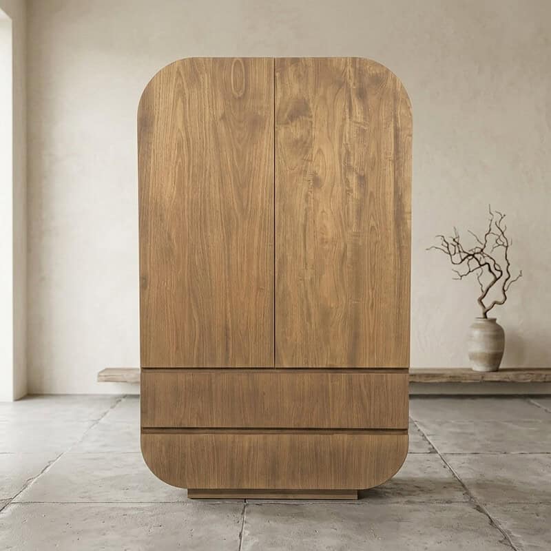 Moderner Holzschrank mit abgerundeten Ecken, minimalistisches Design, geeignet für Wohn- oder Schlafzimmer, aus hochwertigem Holz, naturbelassen.