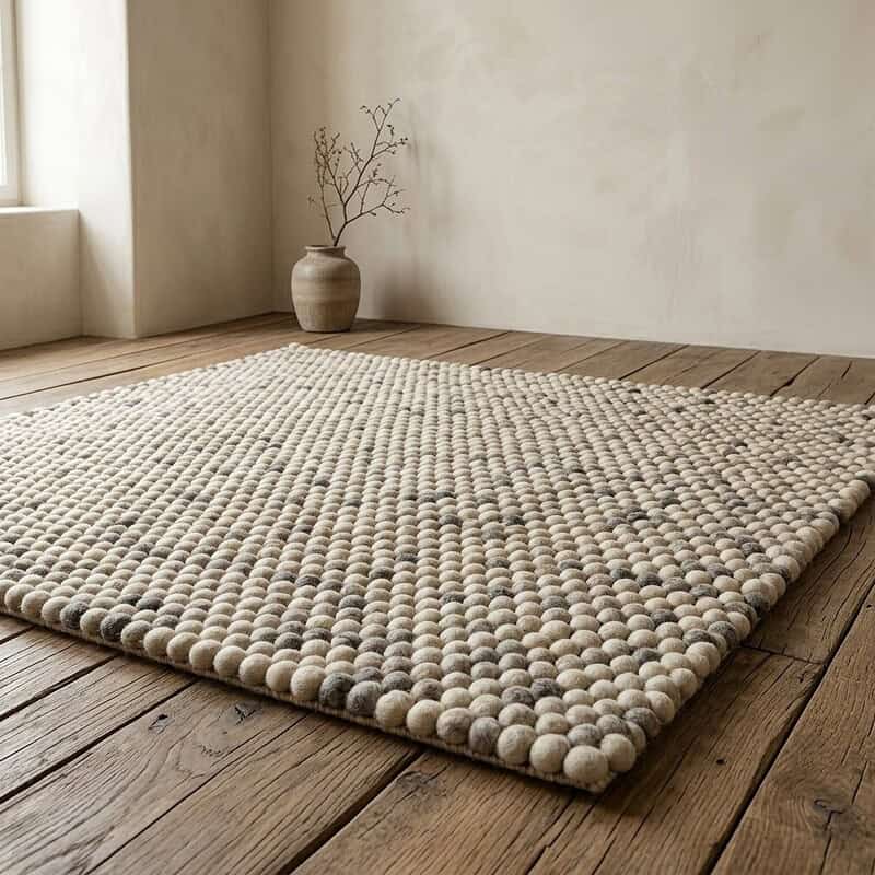 Moderne wollen vloerkleed met knopen, beige en grijze tinten, perfect voor een stijlvolle en gezellige woonkamer of slaapkamer.