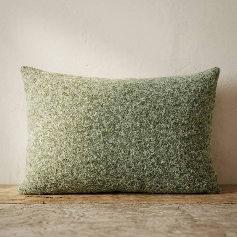 Groene stoffen kussen met natuurlijke textuur, perfect voor woonkamer of slaapkamer decoratie.