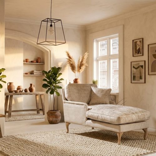 Longchair Royal, in beige, te bestellen in 100+ kleuren stof, sfeerimpressie