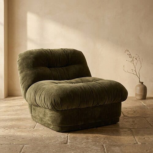 Bank fauteuil Mokana, groen fluweel, modern design, comfortabele zit, stijlvolle woonkamer meubel.