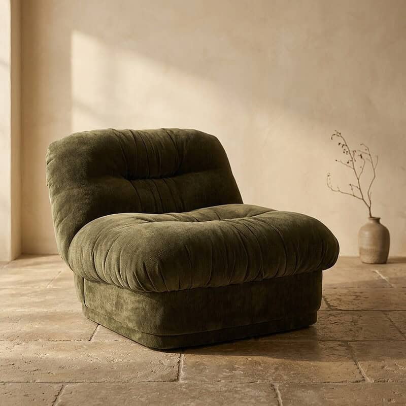 Bank fauteuil Mokana, groen fluweel, modern design, comfortabele zit, stijlvolle woonkamer meubel.