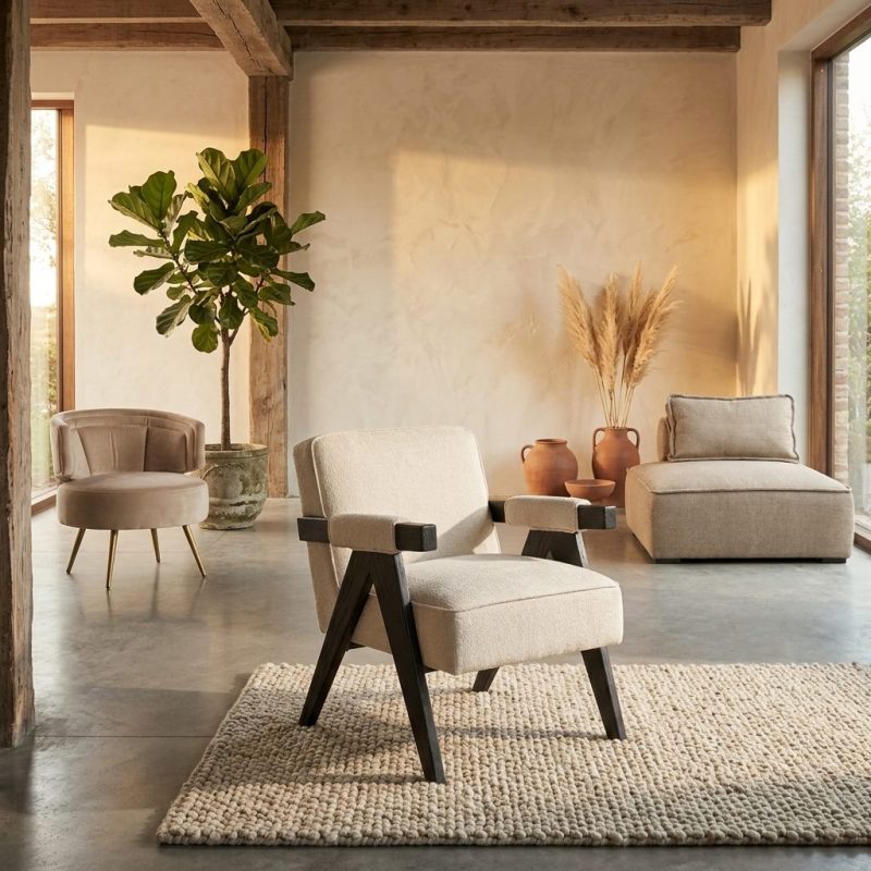 Lounge stoel Cooper white chenille, in wit, zwart, sfeerimpressie