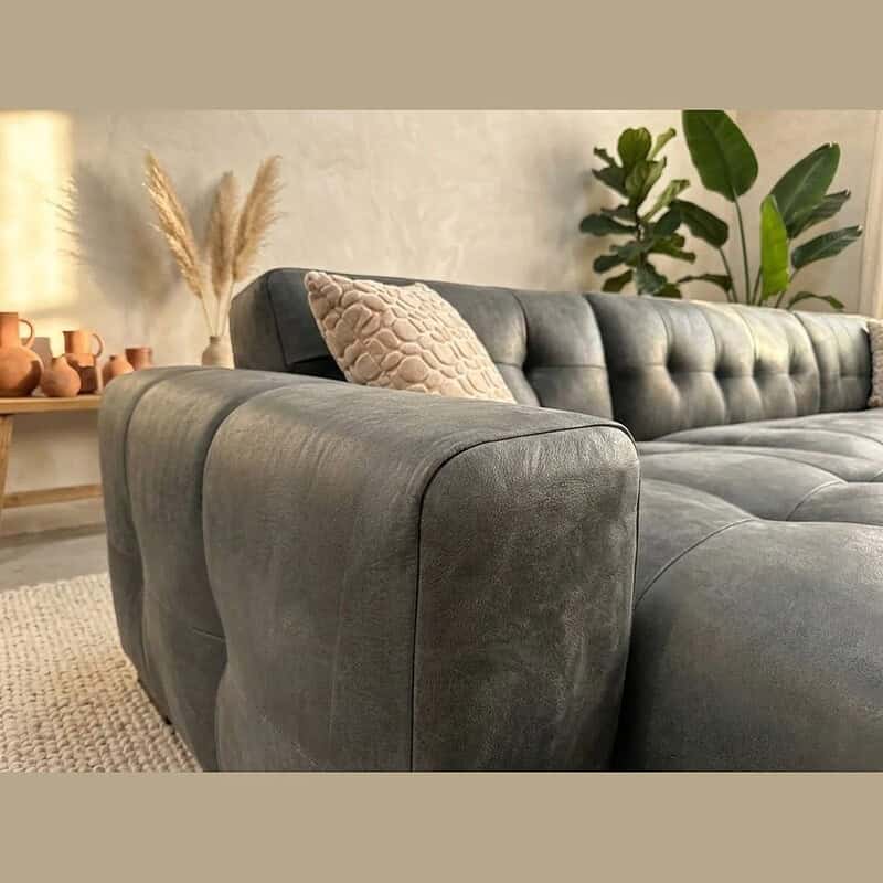 Luxe leren bank in een stijlvolle woonkamer met zachte kussens en natuurlijke decoraties, perfect voor een moderne en comfortabele leefruimte.