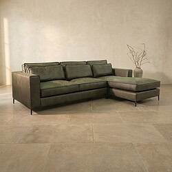 Luxe groene leren hoekbank met chaise longue, perfect voor moderne woonkamers en stijlvolle interieurs. Gemaakt van hoogwaardig leer voor comfort en duurzaamheid.