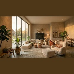 Moderne woonkamer met natuurlijke houten meubels Ruime woonkamer met moderne, natuurlijke houten meubels, grote ramen en gezellige decoratie, perfect voor een stijlvolle en comfortabele leefruimte.