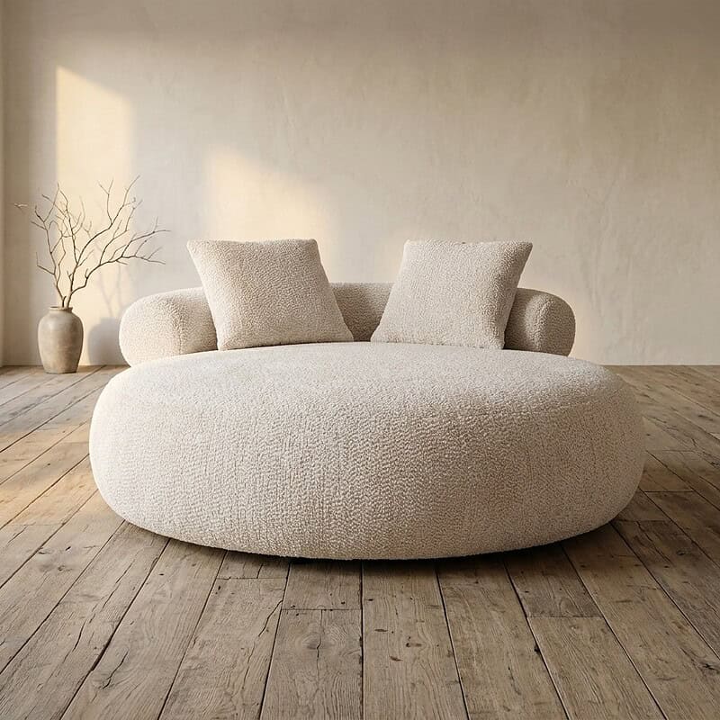Moderne, comfortabele bank in neutrale kleur met ronde vorm en zachte bekleding, perfect voor een stijlvolle woonkamer. Gemaakt door Mokana Meubelen, ideaal voor een eigentijdse inrichting.